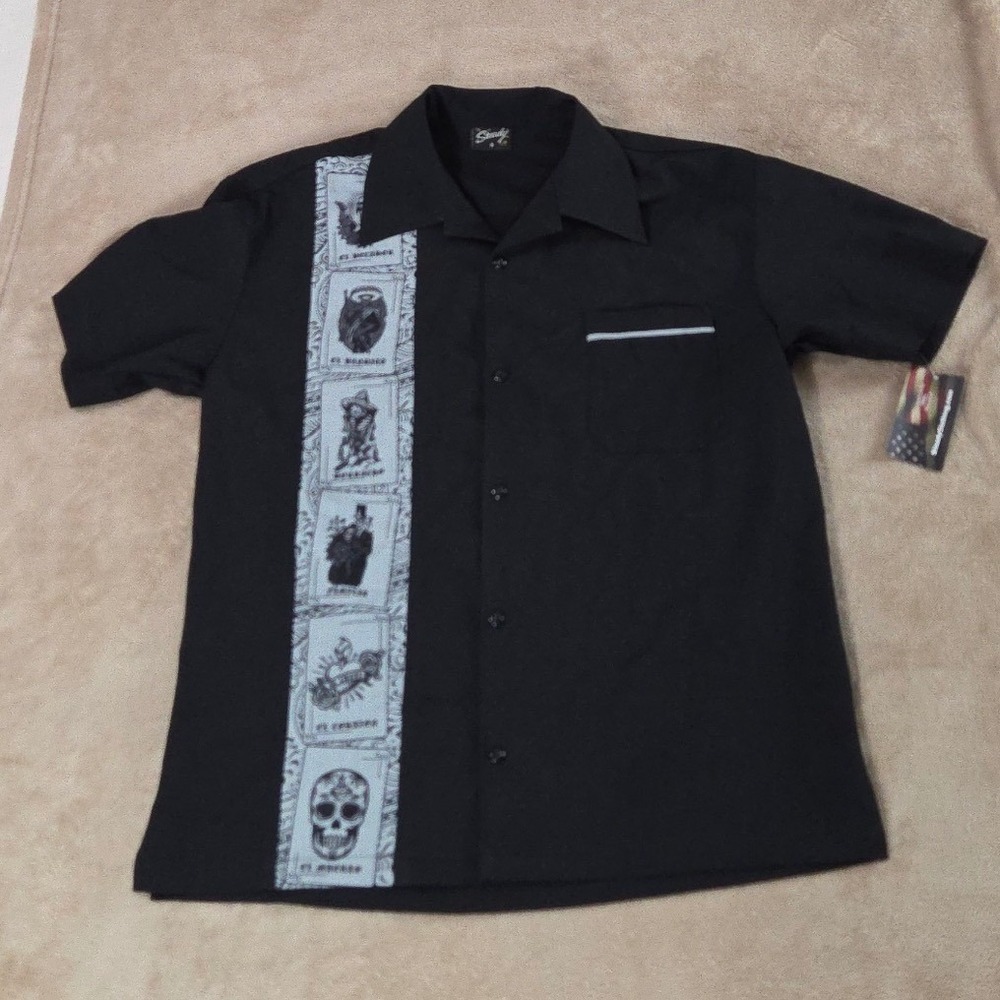 Steady Clothing Bowling Short Men Small Black Aztec Skull Print S/S NEW